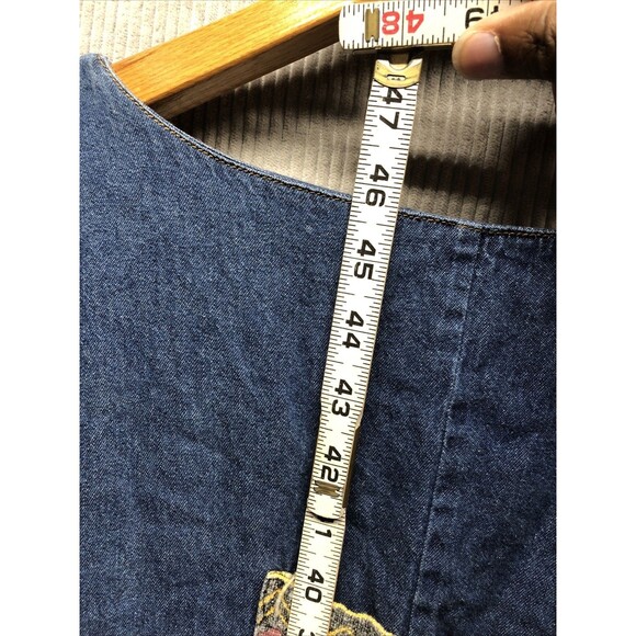 Denim Dress Nefertiti Embellished Ethnic Trim 1/2 Sleeve Midi Length V Neck - Picture 13 of 15